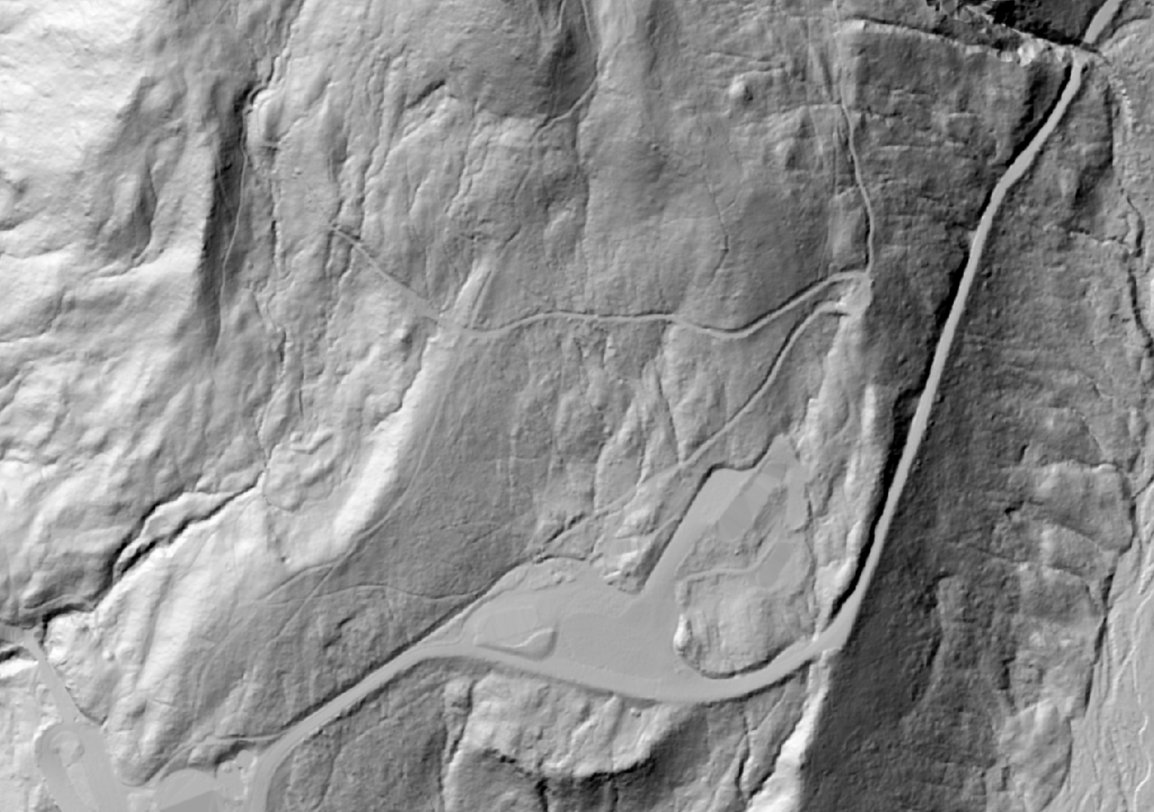 LiDAR map of Paradise in Mount Rainier National Park, showing roads, parking lot and hiking trails